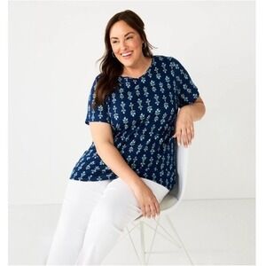 Croft and Barrow Women Petite Medium Green Floral Print Blue Bohemian Shirt